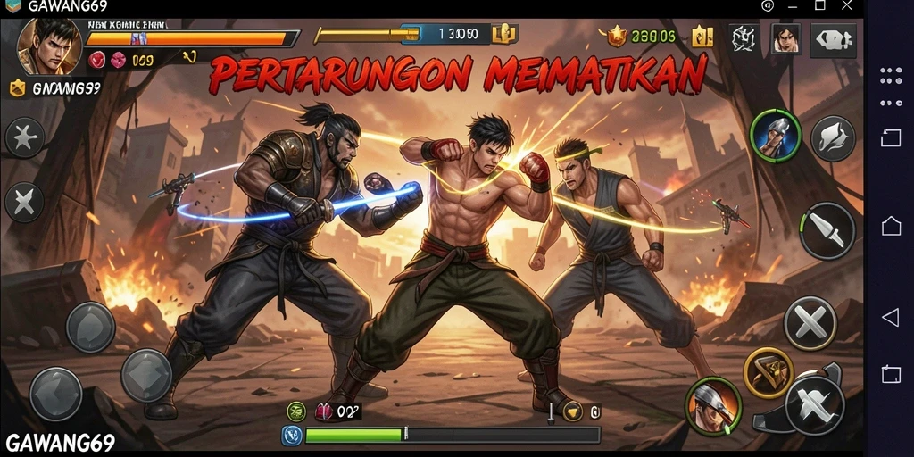Screenshot gameplay GAWANG69 menampilkan aksi pertarungan yang mendebarkan.