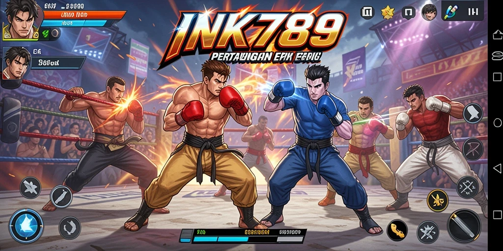 Screenshot gameplay INK789 menunjukkan pertarungan mendebarkan dengan karakter yang beragam.