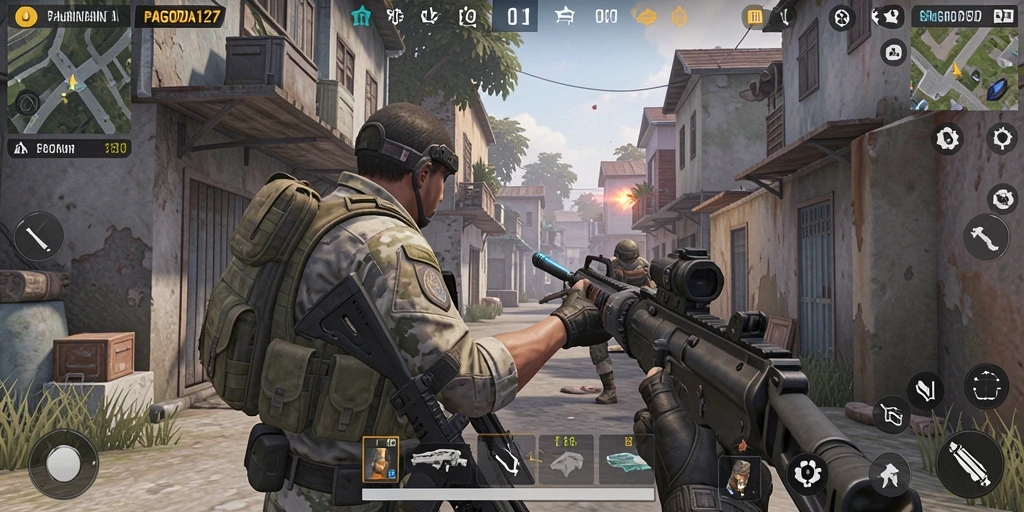 Screenshot gameplay yang menunjukkan aksi intens dalam PAGODA127.
