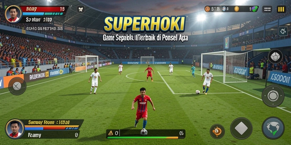 Tampilan gameplay action-packed dari SUPERHOKI dalam suasana olahraga sepak bola.