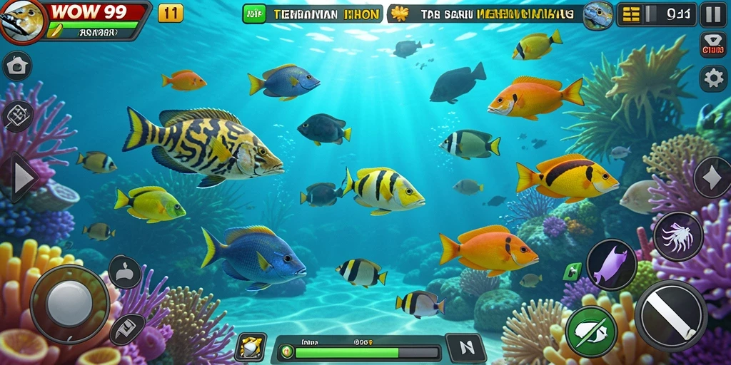 Screenshot gameplay WOW99 yang menampilkan aksi menembak ikan.