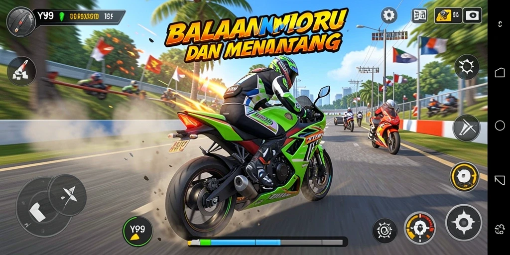 Tampilan gameplay menegangkan dalam Y89, balapan motor seru di berbagai lintasan.